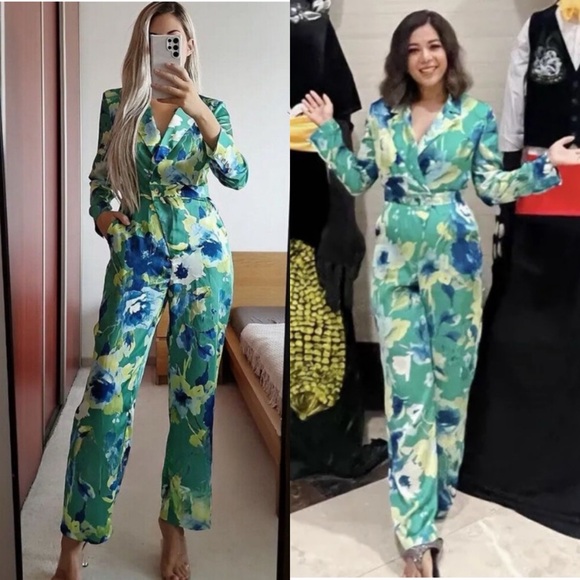 🦜 ZARA GREEN BLUE YELLOW FLORAL SATIN WIDE LEG LONG SLEEVE JUMPSUIT! - Picture 9 of 16